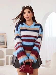 Solflare Plus Striped Pattern Drop Shoulder Sweater Homewear Formal Elegant Casual 90s School College Office Birthday Light Blue Winter 1960s Autumn Fall - Multicolor - View 5