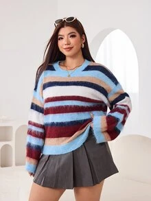 Solflare Plus Striped Pattern Drop Shoulder Sweater Homewear Formal Elegant Casual 90s School College Office Birthday Light Blue Winter 1960s Autumn Fall - Multicolor - View 4