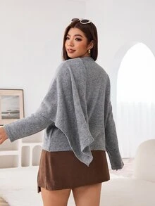 Solflare Plus Draped Collar Batwing Sleeve Knit Top Formal Office Grey Autumn Casual Elegant Fall - Grey - View 2