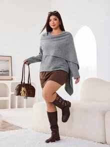 Solflare Plus Draped Collar Batwing Sleeve Knit Top Formal Office Grey Autumn Casual Elegant Fall - Grey - View 3