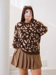 Solflare Plus Leopard Pattern Drop Shoulder Fluffy Knit Sweater Formal Party Brown Autumn Casual 1920s Winter - Multicolor - View 5