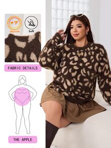 Solflare Plus Leopard Pattern Drop Shoulder Fluffy Knit Sweater Formal Party Brown Autumn Casual 1920s Winter - Multicolor - View 2