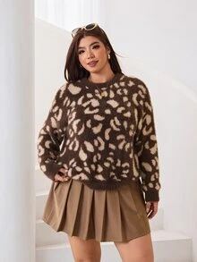 Solflare Plus Leopard Pattern Drop Shoulder Fluffy Knit Sweater Formal Party Brown Autumn Casual 1920s Winter - Multicolor - View 7