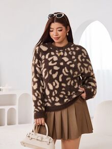 Solflare Plus Leopard Pattern Drop Shoulder Fluffy Knit Sweater Formal Party Brown Autumn Casual 1920s Winter - Multicolor - View 6