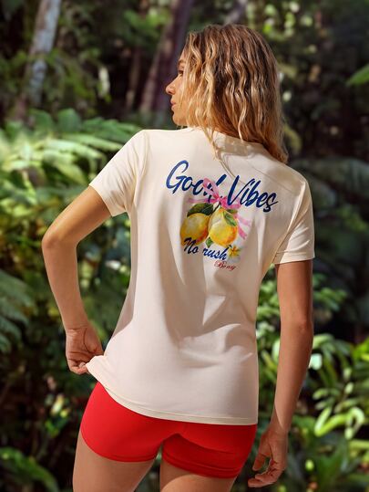 WanderVale Women's Solid Color Lemon Print Casual Fashion Summer Short Sleeve Sports T-Shirt