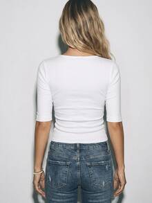ATUI Studio Women Minimalist Boat Neck Fitted Top, 3/4 Cuff Sleeve Ribbed Knit Cropped Basic Tee White - White - View 3
