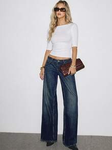 ATUI Studio Women Minimalist Boat Neck Fitted Top, 3/4 Cuff Sleeve Ribbed Knit Cropped Basic Tee White - White - View 4