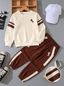 SHEIN Casuvi Kids 小男孩秋冬粉色長袖拼接兩件套，雙條紋圓領上衣搭配馬匹圖案慢跑褲，復古生日穿搭 - 彩色 - 查看 4
