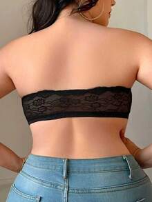 SHEIN 1pc Plus Size Women Lace Patchwork Front Closure Lace Bra - Black - View 2