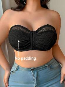 SHEIN 1pc Plus Size Women Lace Patchwork Front Closure Lace Bra - Black - View 3