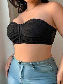 SHEIN 1pc Plus Size Women Lace Patchwork Front Closure Lace Bra - Black - View 4