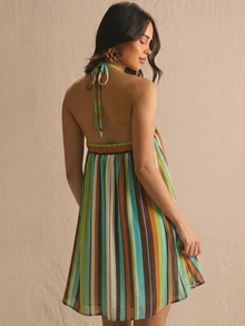 MUSERA 条纹吊带飘逸迷你夏日连衣裙，春夏舒适可爱日常少女度假阳光社交款 - 棕色 - 查看 5