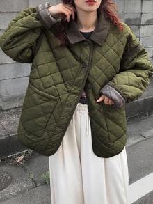 DAZY Teen Girl Fashion Diamond Pattern Single-Breasted Double Pocket Padded Coat Winter - Army Green - View 3