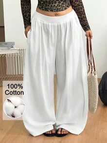 Coolane 大尺碼女款純色抽繩腰休閒百搭日常旅行長褲 秋季 - 白色 - 查看 2