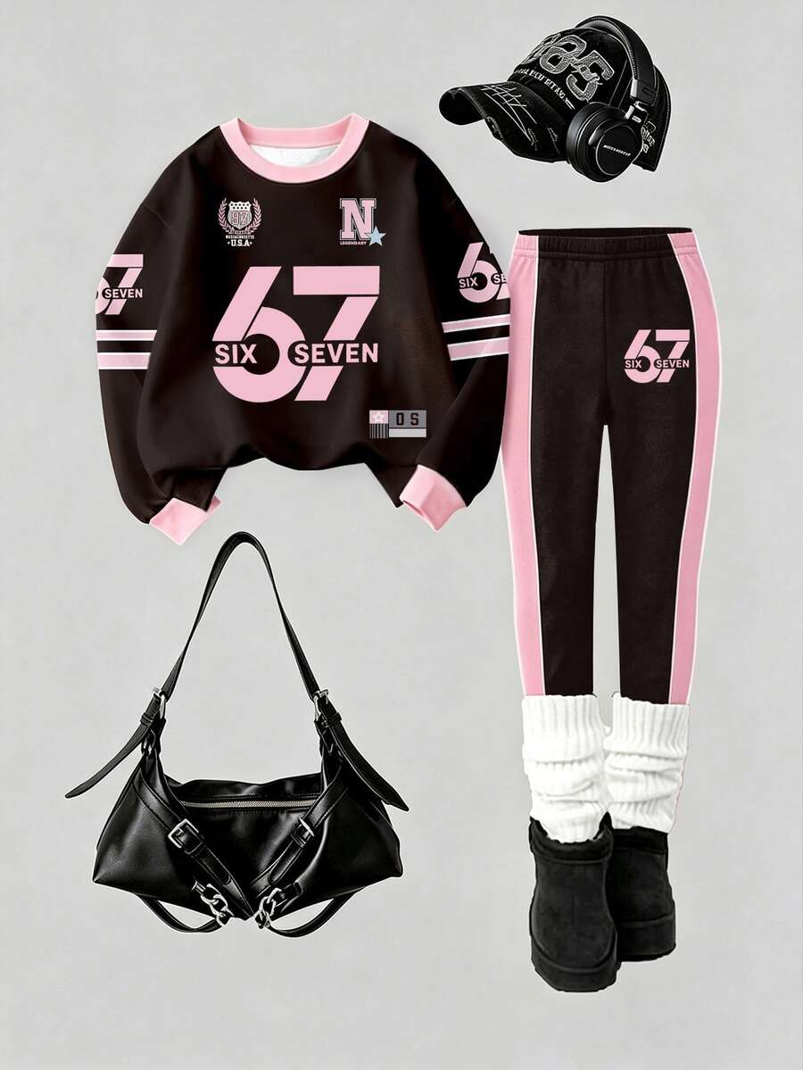 (1 Set) Autumn/Winter Girls Toddler 67 Badge Pentagram Striped Letter Pink & Black Contrast Color Pattern Crew Neck Sweatshirt With Leggings - Multicolor - View 1