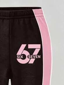 (1套) 秋冬女童幼兒 67號徽章五角星條紋字母 粉色與黑色對比色圓領運動衫搭配內搭褲 - 彩色 - 查看 5