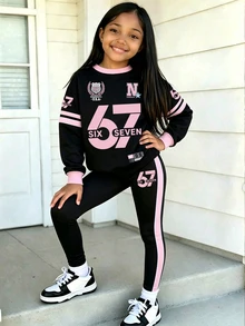 (1套) 秋冬女童幼兒 67號徽章五角星條紋字母 粉色與黑色對比色圓領運動衫搭配內搭褲 - 彩色 - 查看 1