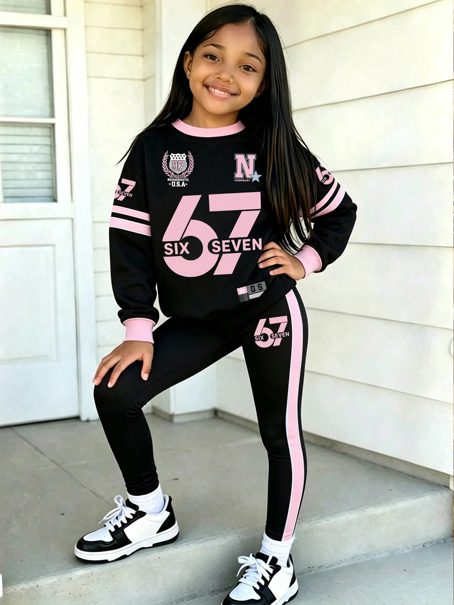 (1套) 秋冬女童幼兒 67號徽章五角星條紋字母 粉色與黑色對比色圓領運動衫搭配內搭褲 - 彩色 - 查看 1