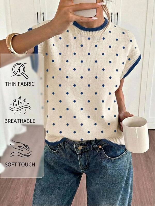 Siren Gaze Women's Polka Dot Print Round Neck Casual Short Sleeve Knit Top, Summer