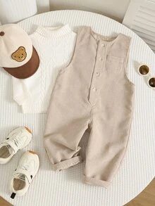 SHEIN Baby Boy Spring Autumn Winter Solid Color Casual Versatile Round Neck Sleeveless Thick Romper Long Pants Comfortable - Khaki - View 1