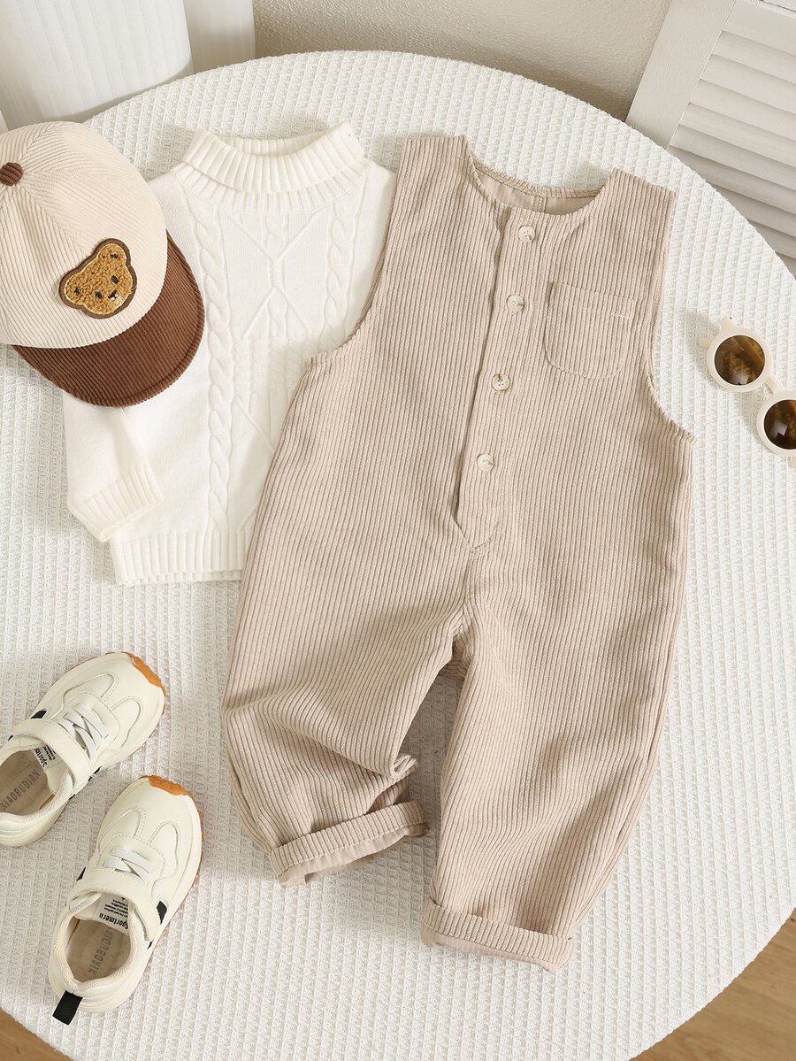SHEIN Baby Boy Spring Autumn Winter Solid Color Casual Versatile Round Neck Sleeveless Thick Romper Long Pants Comfortable - Khaki - View 1