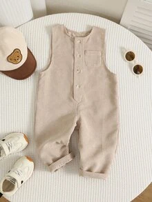 SHEIN Baby Boy Spring Autumn Winter Solid Color Casual Versatile Round Neck Sleeveless Thick Romper Long Pants Comfortable - Khaki - View 4