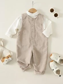SHEIN Baby Boy Spring Autumn Winter Solid Color Casual Versatile Round Neck Sleeveless Thick Romper Long Pants Comfortable - Khaki - View 3
