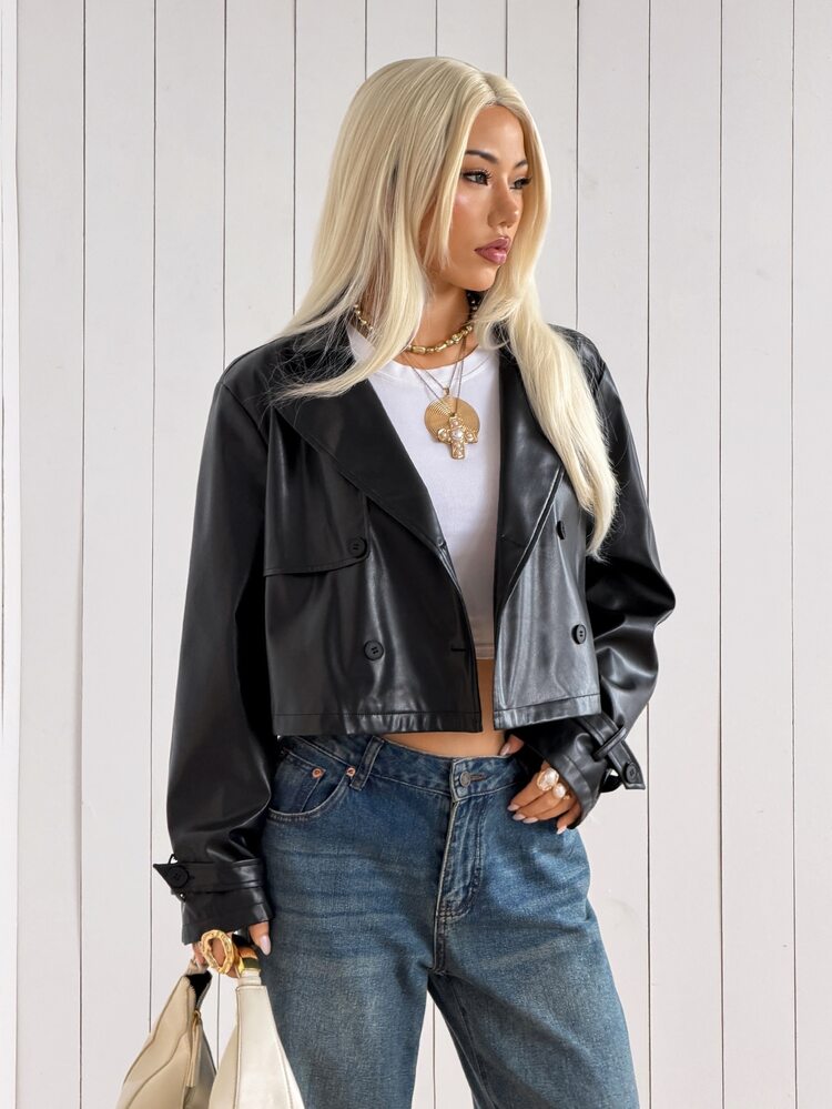 SHEIN EZwear Pakaian Musim Gugur untuk Wanita: Jaket Pendek Kancing Ganda untuk Wanita - Hitam - View 3