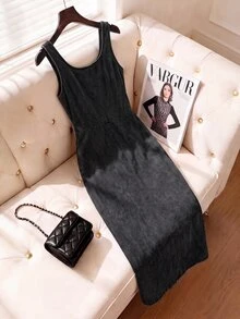 SHEIN MOD 大尺碼女款百褶休閒正統派對秋季牛仔洋裝，黑色休閒洋裝，女款社交洋裝，上班基本洋裝 - 黑色 - 查看 2