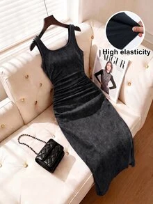 SHEIN MOD 大尺碼女款百褶休閒正統派對秋季牛仔洋裝，黑色休閒洋裝，女款社交洋裝，上班基本洋裝 - 黑色 - 查看 1