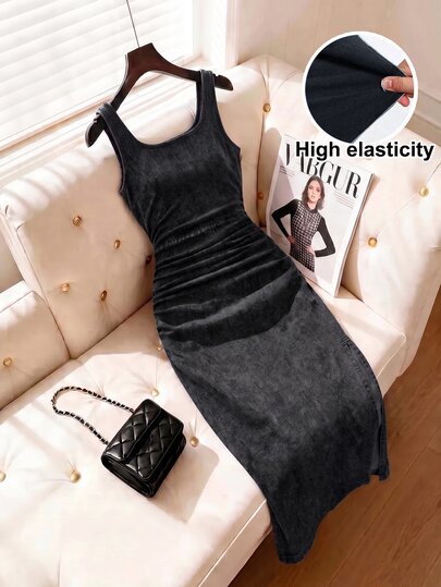SHEIN MOD Plus Size Women's Pleated Casual Sexy Traditional Party Date Night Formal Birthday Autumn Denim Dress Dark Green Social Work