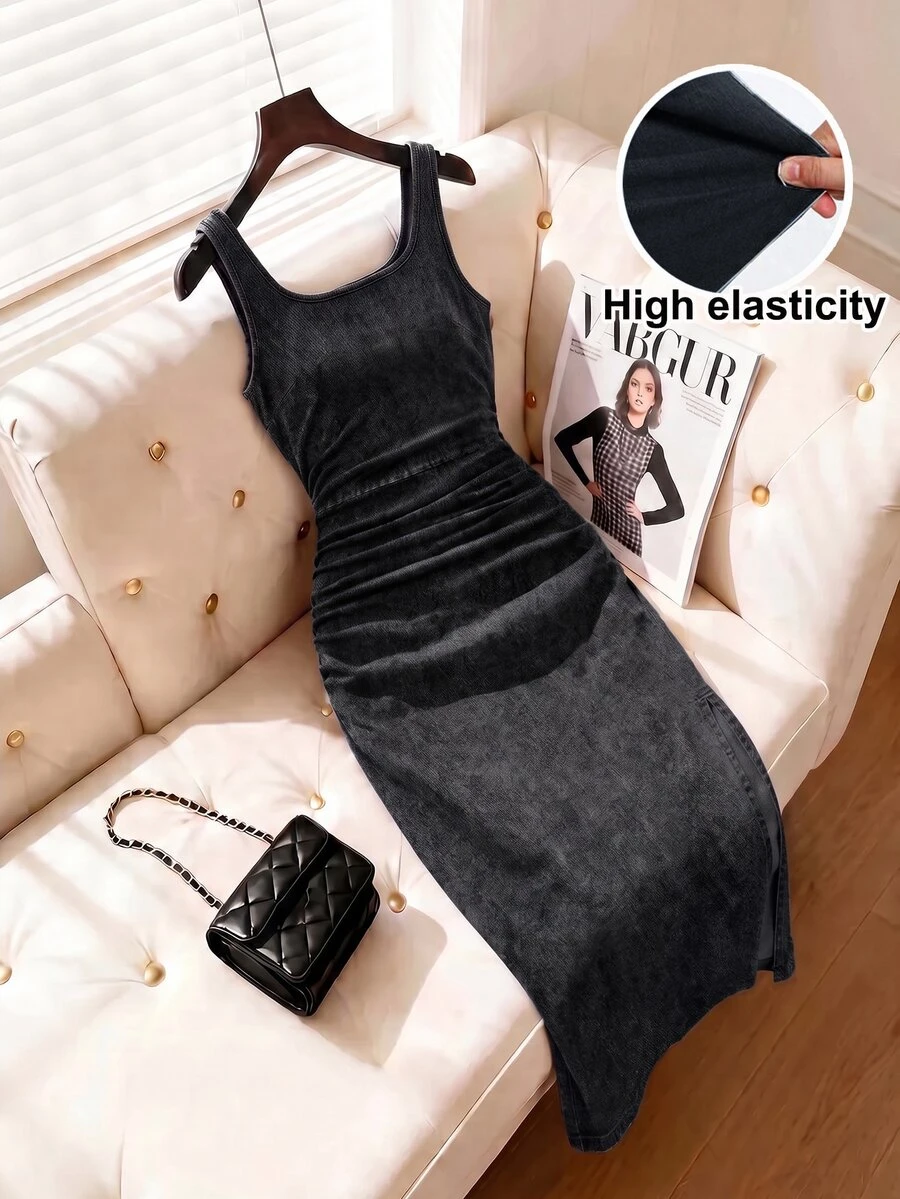 SHEIN MOD 大尺碼女款百褶休閒正統派對秋季牛仔洋裝,黑色休閒洋裝,女款社交洋裝,上班基本洋裝 - 黑色 - 查看 1