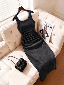 SHEIN MOD 大尺碼女款百褶休閒正統派對秋季牛仔洋裝，黑色休閒洋裝，女款社交洋裝，上班基本洋裝 - 黑色 - 查看 7