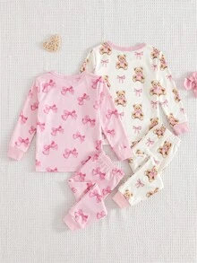 SHEIN 女嬰全印花長袖上衣與長褲休閒日常居家睡衣套裝 - 粉色 - 查看 3