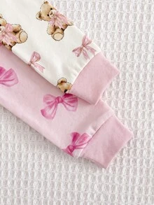 SHEIN 女嬰全印花長袖上衣與長褲休閒日常居家睡衣套裝 - 粉色 - 查看 5