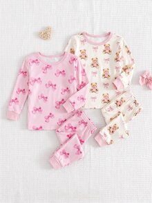 SHEIN 女嬰全印花長袖上衣與長褲休閒日常居家睡衣套裝 - 粉色 - 查看 4