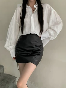 DAZY 1 件女士纯色褶皱交叉裹身优雅半身裙秋季半身裙 - 黑色 - 查看 4