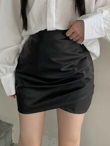 DAZY 1 件女士纯色褶皱交叉裹身优雅半身裙秋季半身裙 - 黑色 - 查看 6