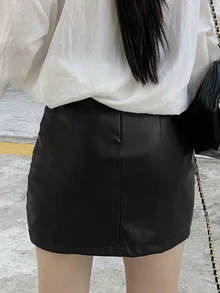 DAZY 1 件女士纯色褶皱交叉裹身优雅半身裙秋季半身裙 - 黑色 - 查看 5