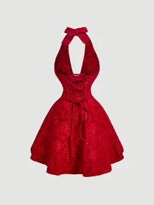 SHEIN MOD Petite Vestido Jacquard con Cuello Halter y Espalda Descubierta - Rojo - Ver 2