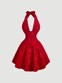 SHEIN MOD Petite Vestido Jacquard con Cuello Halter y Espalda Descubierta - Rojo - Ver 1
