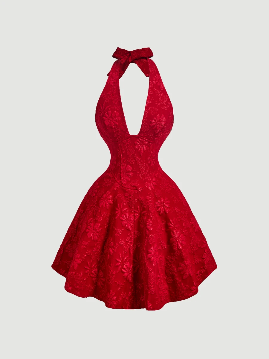 SHEIN MOD Petite Vestido Jacquard con Cuello Halter y Espalda Descubierta - Rojo - Ver 1