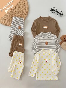 SHEIN 女嬰休閒百搭針織條紋卡通圖案高領上衣 3件套 - 彩色 - 查看 1