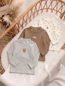 SHEIN 女嬰休閒百搭針織條紋卡通圖案高領上衣 3件套 - 彩色 - 查看 7