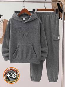 SHEIN 2pcs Kids Tween Boy Casual Hoodie Sweatshirt & Cargo Pants Set, Suitable For Autumn/Winter, Fall Clothes, Winter Clothes, School, Back To School, Sports - Grey - View 3