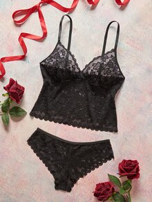Elorette Set Lingerie Renda Transparan Gothic Seksi dan Imut untuk Halloween, Santai, Kerja, dan Musim Panas Warna Hitam - Hitam - View 3
