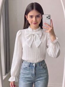 SHEIN 兒童青少年女孩秋冬休閒校園風翻領拼接蕾絲飾邊刺繡長袖鈕扣白色襯衫，兒童返校襯衫，小學校服 - 白色 - 查看 3