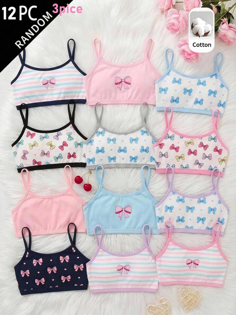 SHEIN Kids Tween Girl Tween Girls Random 3pcs/Pack Bowknot Multicolor Casual Simple Comfortable Soft Padded Bra, Cute Striped Bowknot Padded Underwear - Multicolor - View 1