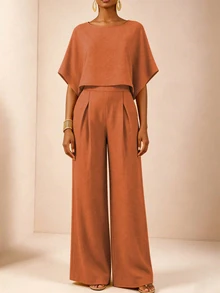 SHEIN Veneréa Set Celana Panjang Wanita Musim Panas Warna Polos Longgar dengan Kaki Lebar - Burnt Orange - View 4