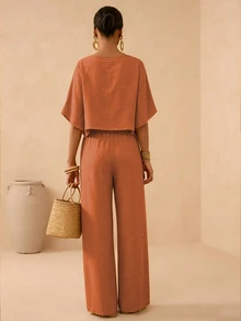 SHEIN Veneréa Set Celana Panjang Wanita Musim Panas Warna Polos Longgar dengan Kaki Lebar - Burnt Orange - View 2